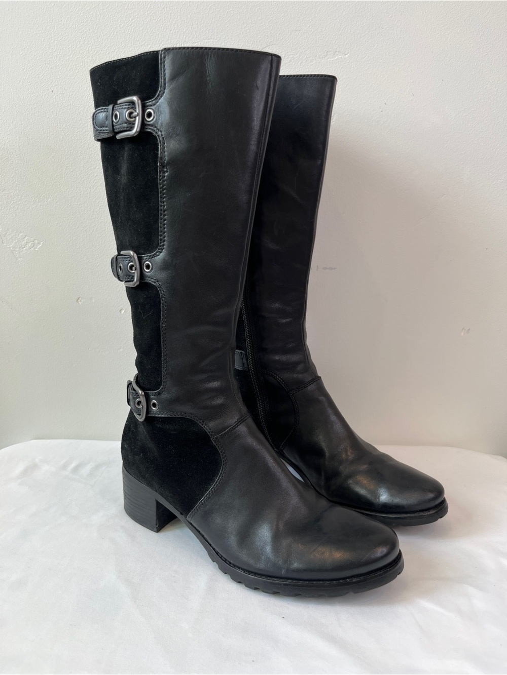 ECCO Esmeralda Black Leather Suede Knee High Boots Buckle EU 40 US 9-9.5